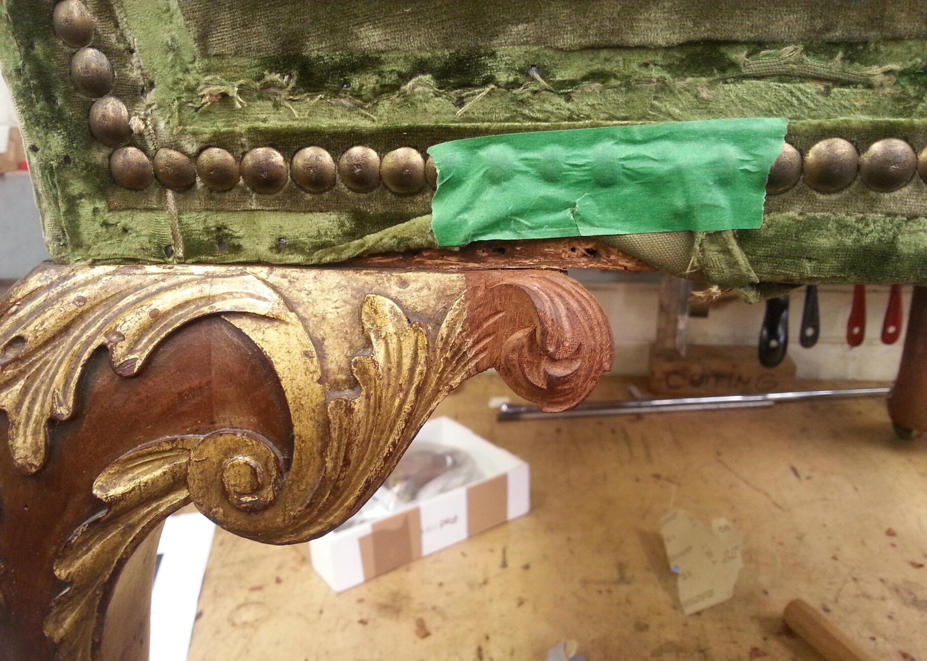 Newly carved acanthus leaf C-scroll prior to gilding