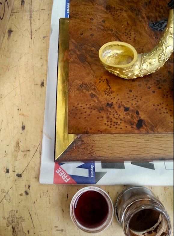 Regency yew wood and ormolu inkstand after repair